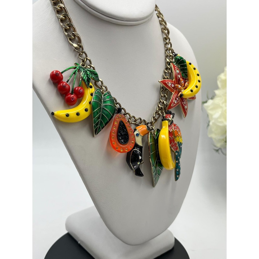 Betsey Johnson Mix Fruit Bird Leaves Parrot Rio Tuscan Sam Charm Dangle Necklace - Picture 13 of 14